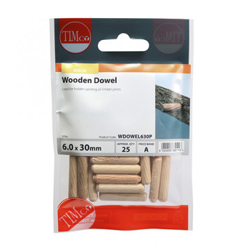 TIMCO WOODEN DOWELS 6.0 x 30 25 PCS