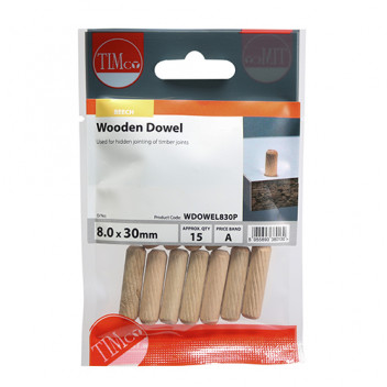 TIMCO WOODEN DOWELS 8.0 x 30 15 PCS